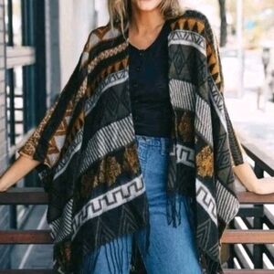 Fringed Go West Aztec Wrap Shawl Ruana Brown Tribal Coastal Cowgirl Boho New Raj